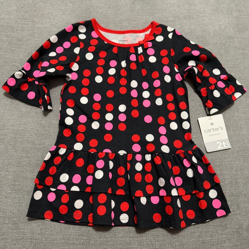 Carters Toddler Girls Polka Dot Ruffle Tiered Dress Red Pink Black‎ 2T NWT